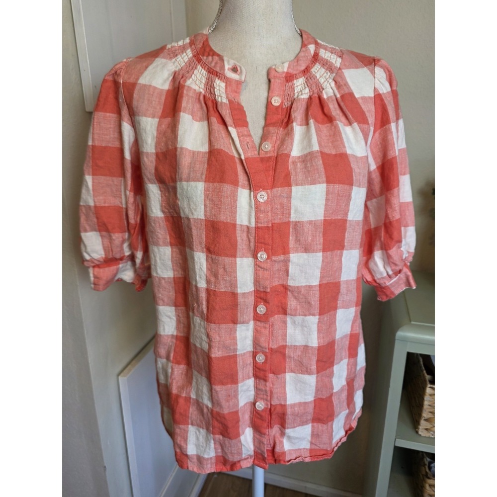 Boden Ada Checked Top Size 6 Pink 100% Linen Button Up Short Sleeve